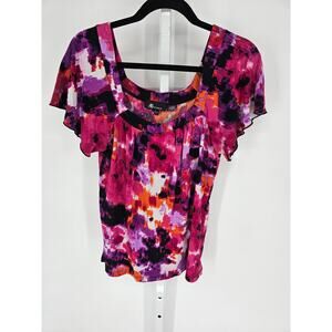 AB Studio Women's Multicolor Short Sleeve V-neck Scoop Neck Blouse Top Size S